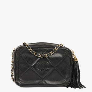 Chanel Vintage Camera Tassel Bag CC Black Quilted Leather