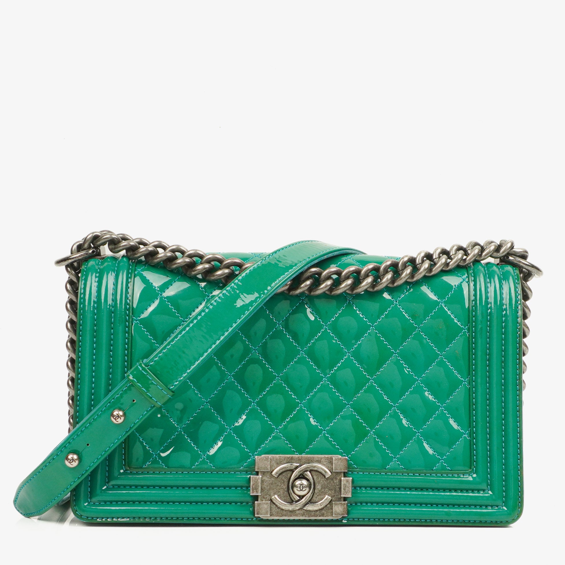 Chanel Old Medium Boy Flap Tasche Grün Lackleder Ruthenium Beschläge