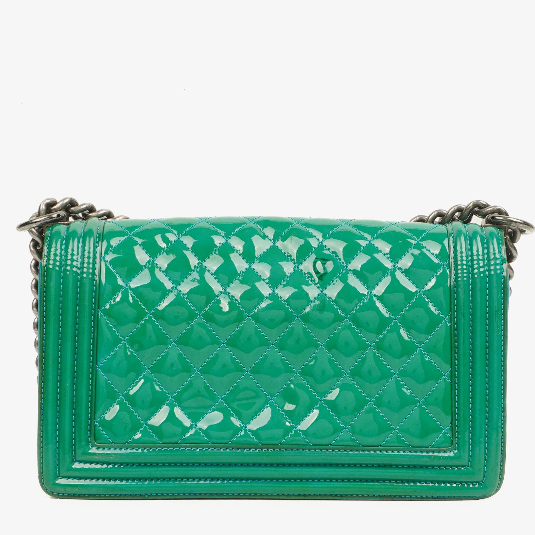 Chanel Old Medium Boy Flap Tasche Grün Lackleder Ruthenium Beschläge