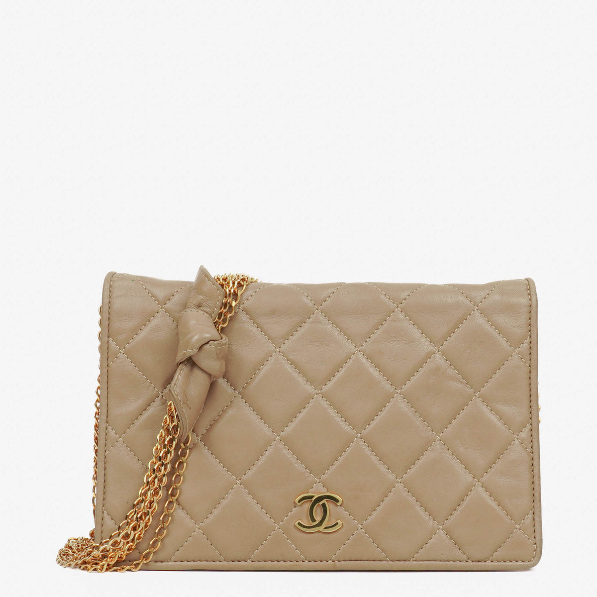 Chanel Beige Quilted Leather Vintage Full Flap Wallet On Chain WOC With Gold-Tone Hardware