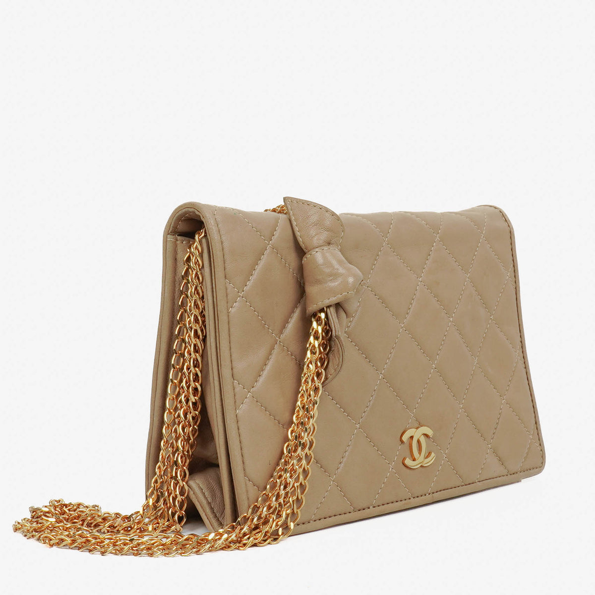 Chanel Beige Quilted Leather Vintage Full Flap Wallet On Chain WOC With Gold-Tone Hardware
