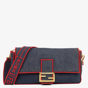 Fendi Denim Blue Red Large Baguette Shoulder Bag