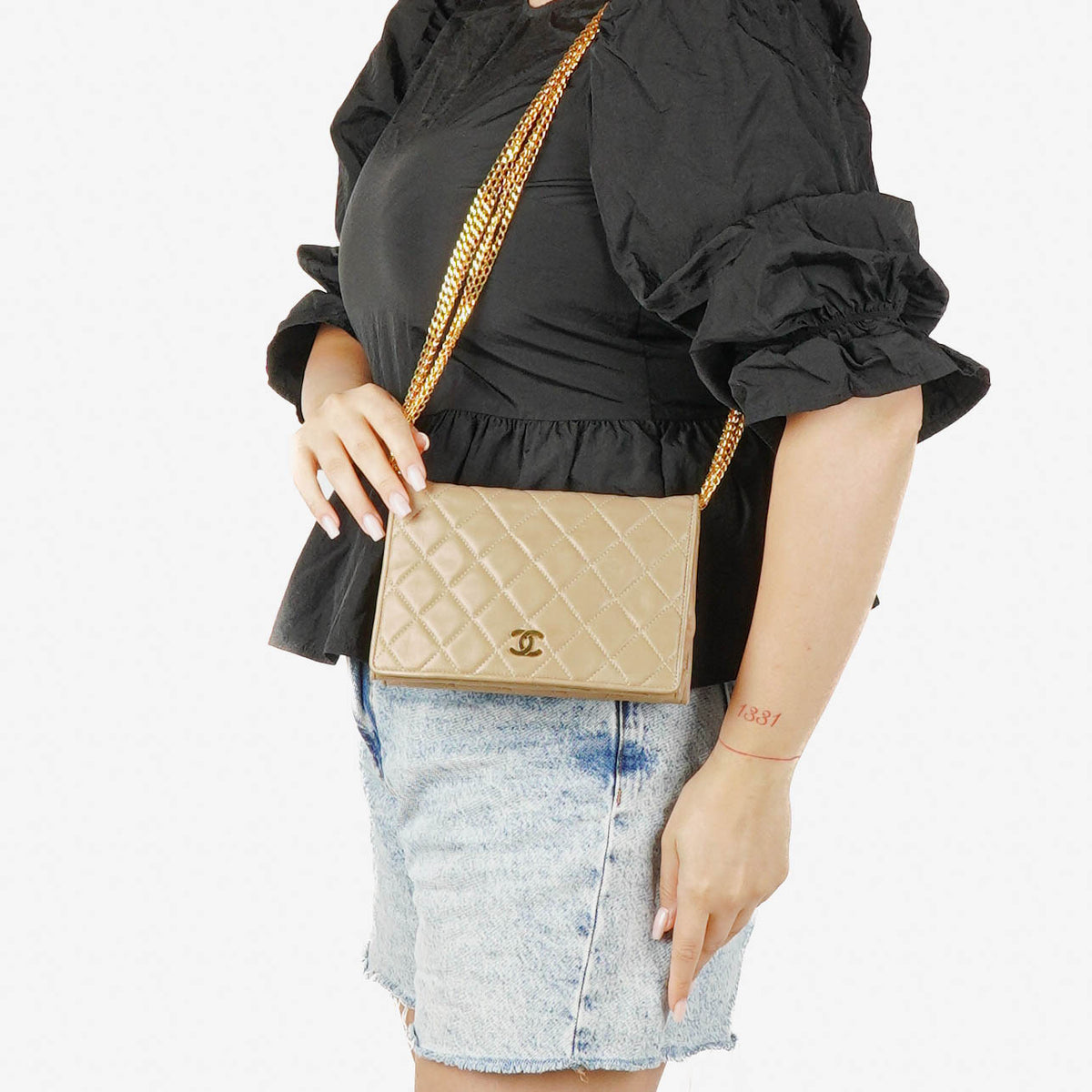 Chanel Beige Quilted Leather Vintage Full Flap Wallet On Chain WOC With Gold-Tone Hardware