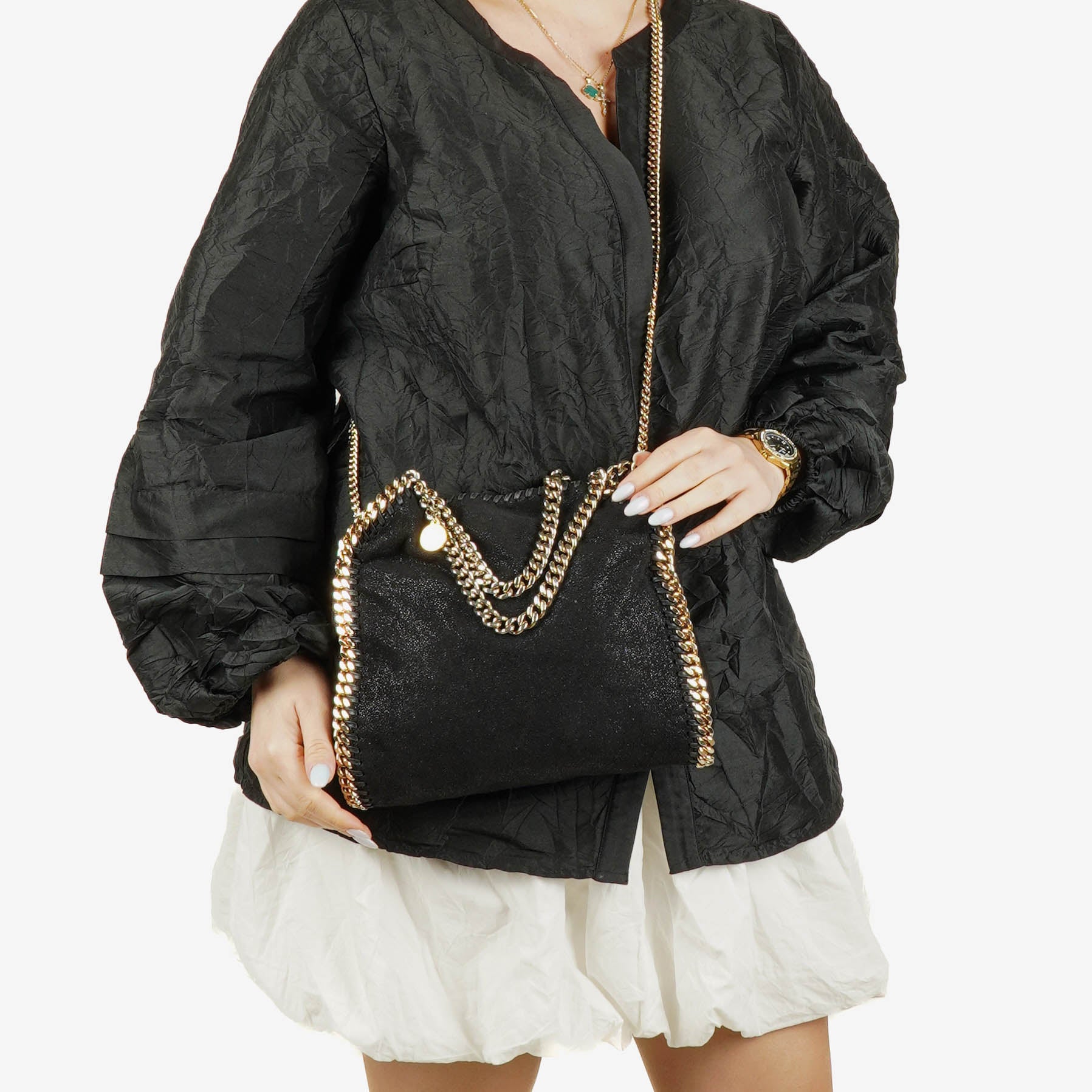 Stella McCartney Falabella Mini Tote Black Vegan Shaggy Deer Fold Over Bag