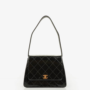 Chanel Black Quilted Patent Leather Top Handle Flap Bag With 24K Gold-Plated Hardware