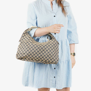 Gucci Navy Blue GG Fabric Chain Horsebit Hobo Bag