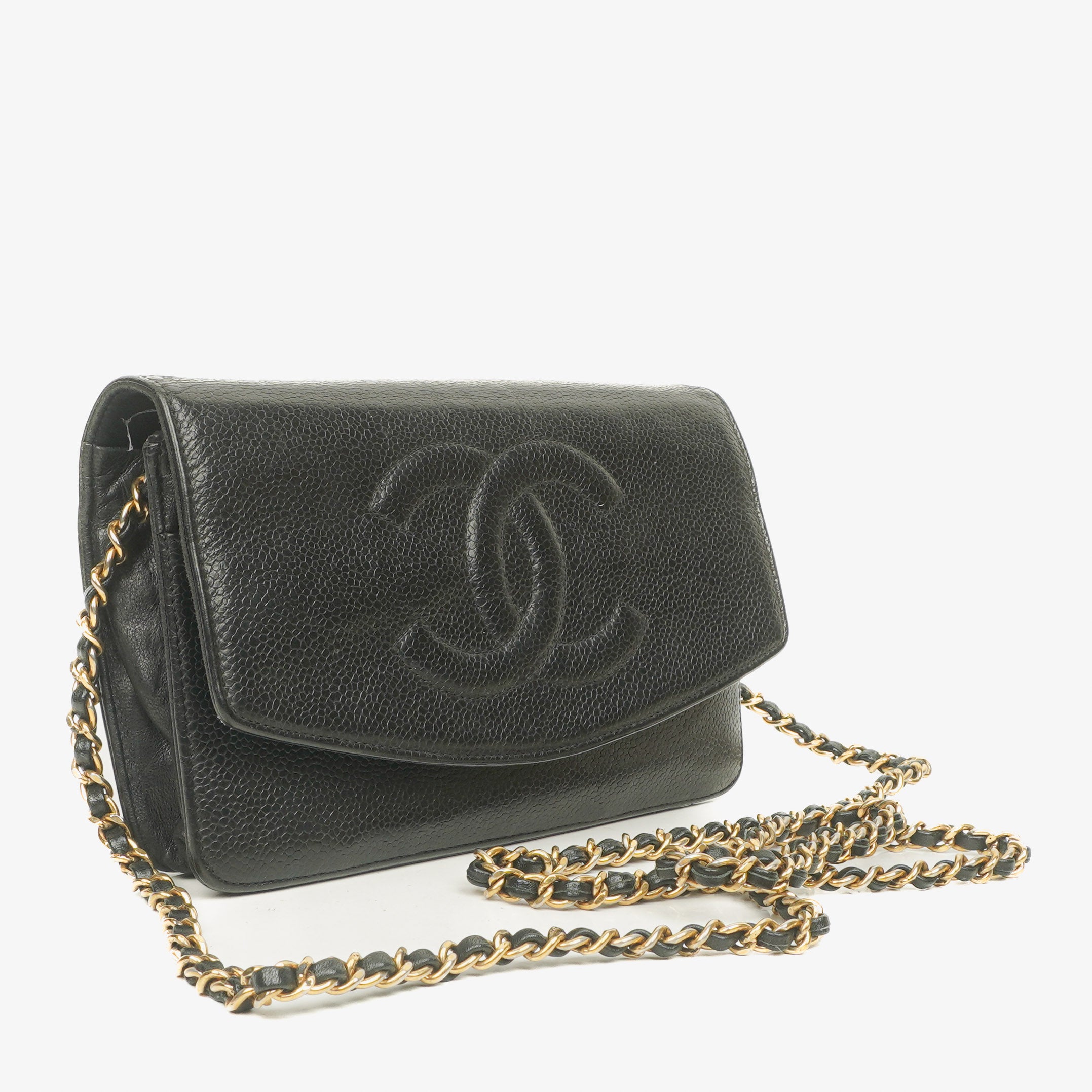 Chanel Schwarze Caviar Timeless CC Geldbörse an Kette WOC
