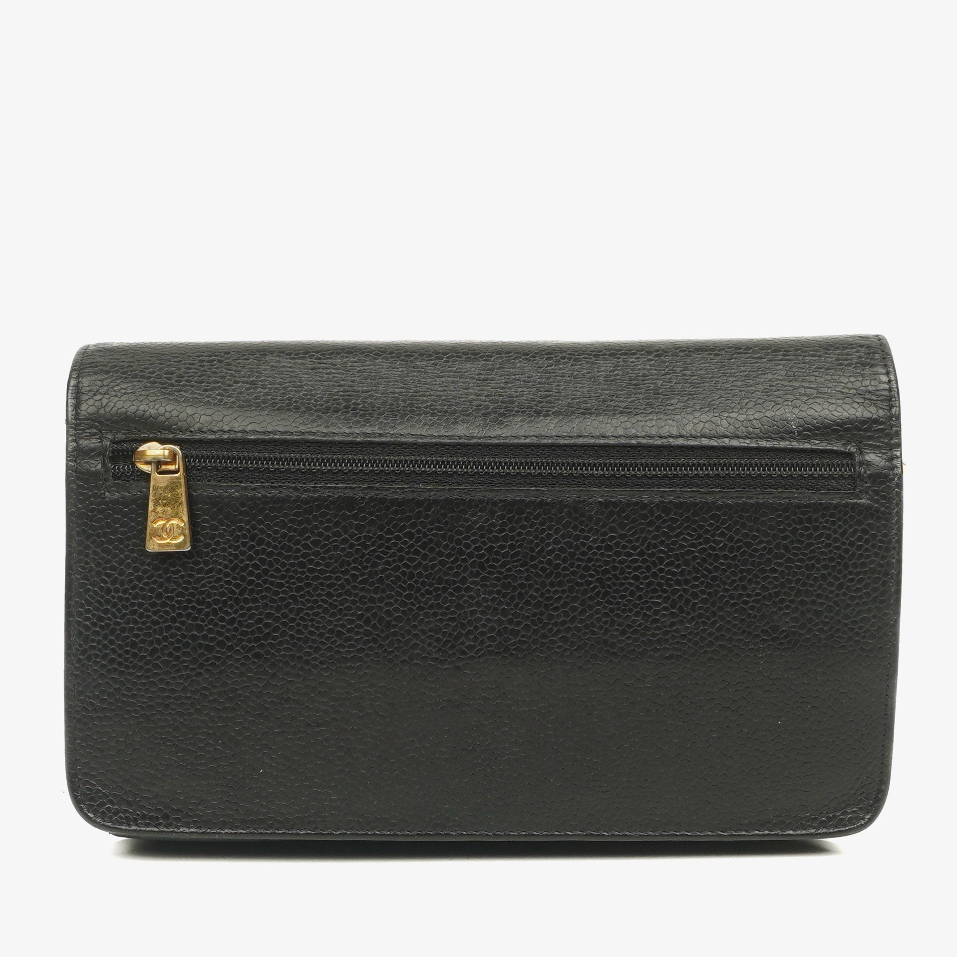Chanel Schwarze Caviar Timeless CC Geldbörse an Kette WOC