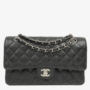 Chanel Medium Classic Black Quilted Caviar Double Flap Bag With Silver - Tone Hardware