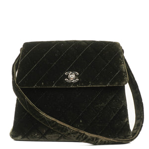 Chanel Velvet Quilted Flap Shoulder Bag Olive Green