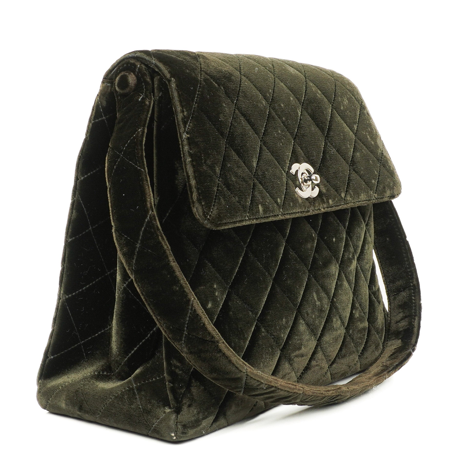 Chanel Samt Gestepptes Flap Schultertasche Olivgrün