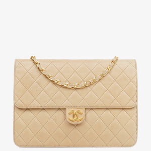 Chanel Classic Single Flap Bag Beige Quilted Lambskin With 24K Gold-Plated Hardware
