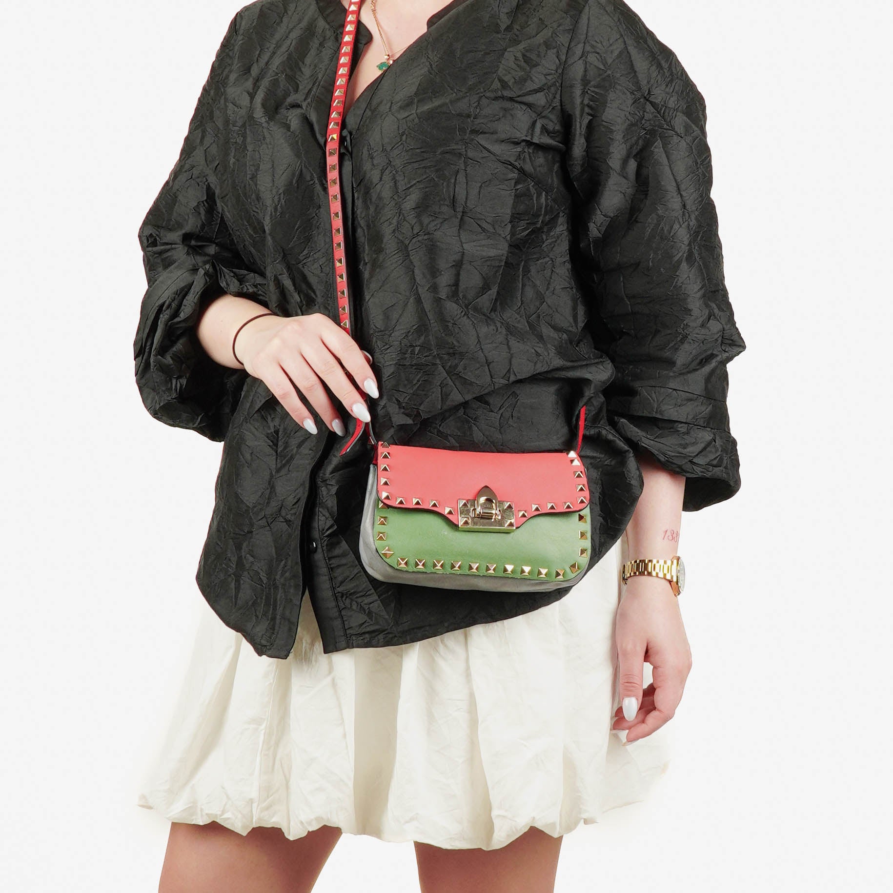 Valentino Garavani Tri-Color Leather Rockstud Flip Lock Flap Bag