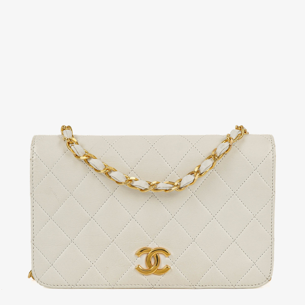 Chanel Mini Classic White Quilted Lambskin Full Flap Wallet On Chain WOC With 24K Gold-Plated Hardware