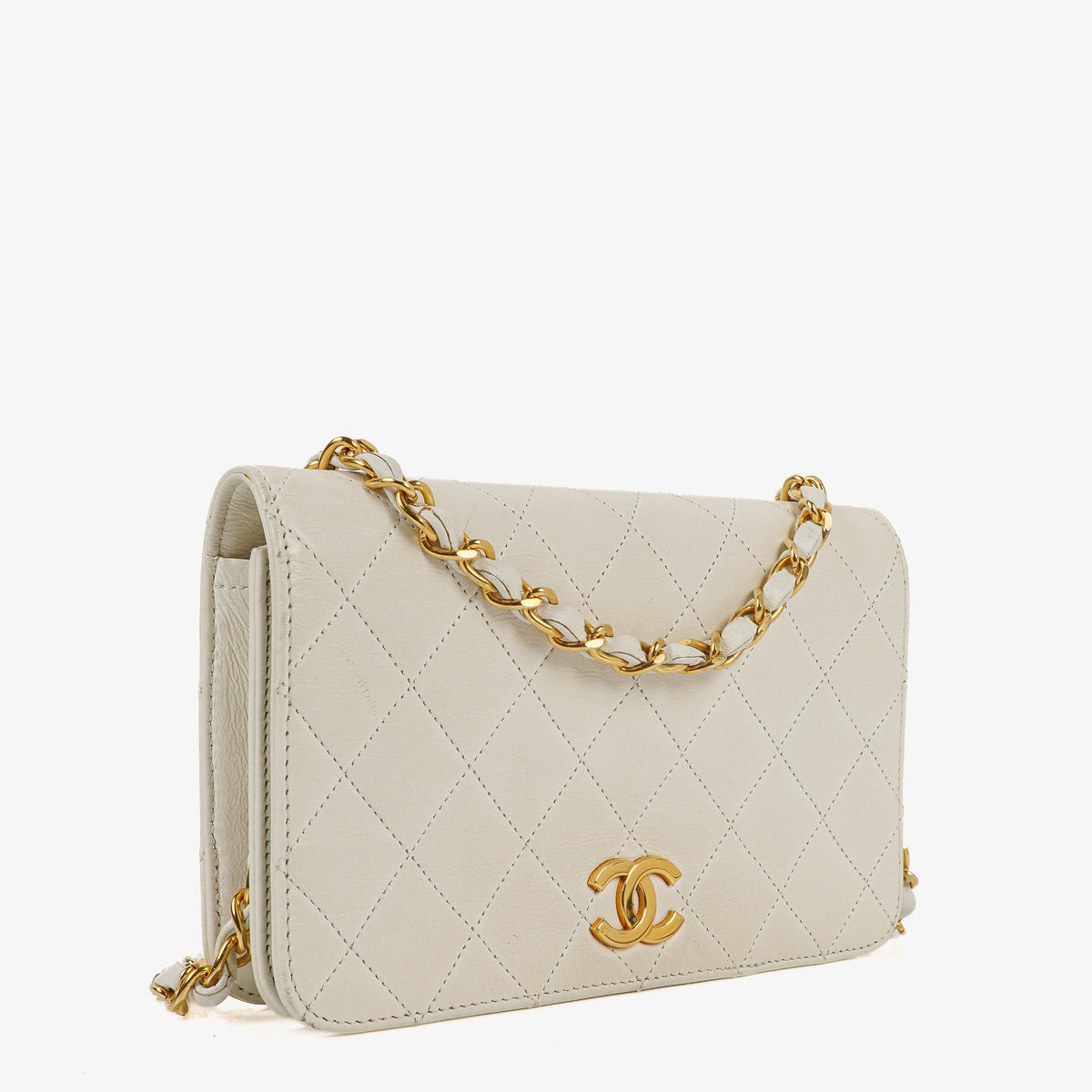 Chanel Mini Classic White Quilted Lambskin Full Flap Wallet On Chain WOC With 24K Gold-Plated Hardware