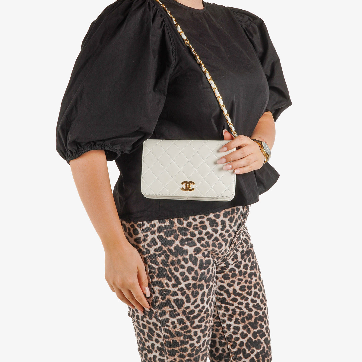 Chanel Mini Classic White Quilted Lambskin Full Flap Wallet On Chain WOC With 24K Gold-Plated Hardware