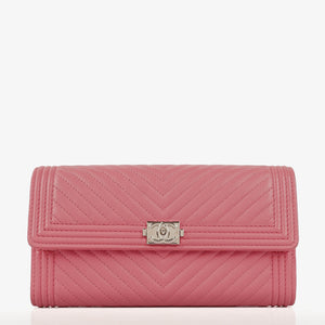 Chanel Large Boy Gusset Pink Chevron Quilted Leather Flap Wallet