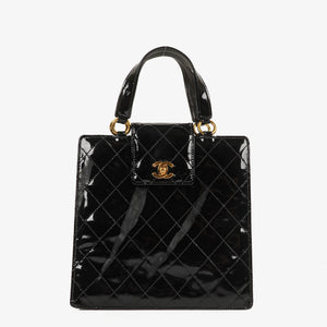 Chanel CC Black Quilted Patent Leather Handbag With 24K Gold-Plated Hardware
