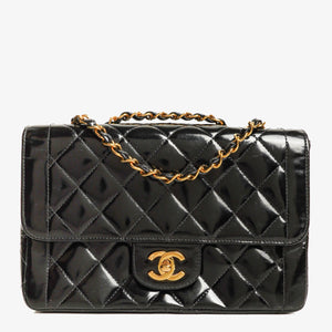 Chanel Single Flap Bag Black Quilted Patent Leather With 24K Gold-Plated Hardware