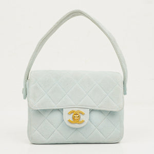 Chanel Vintage Quiltad Mocka Ljusblå Mini Flap-väska