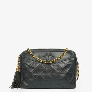 Chanel Vintage CC Black Quilted Lambskin Camera Tassel Bag
