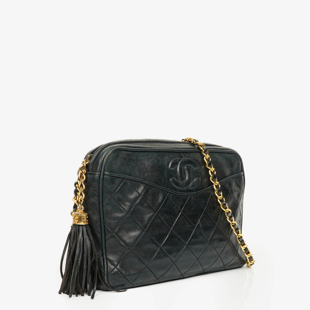 Chanel Vintage CC Black Quilted Lambskin Camera Tassel Bag