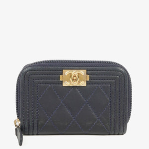 Chanel Quilted Navy Leather Boy Zip Coin Purse