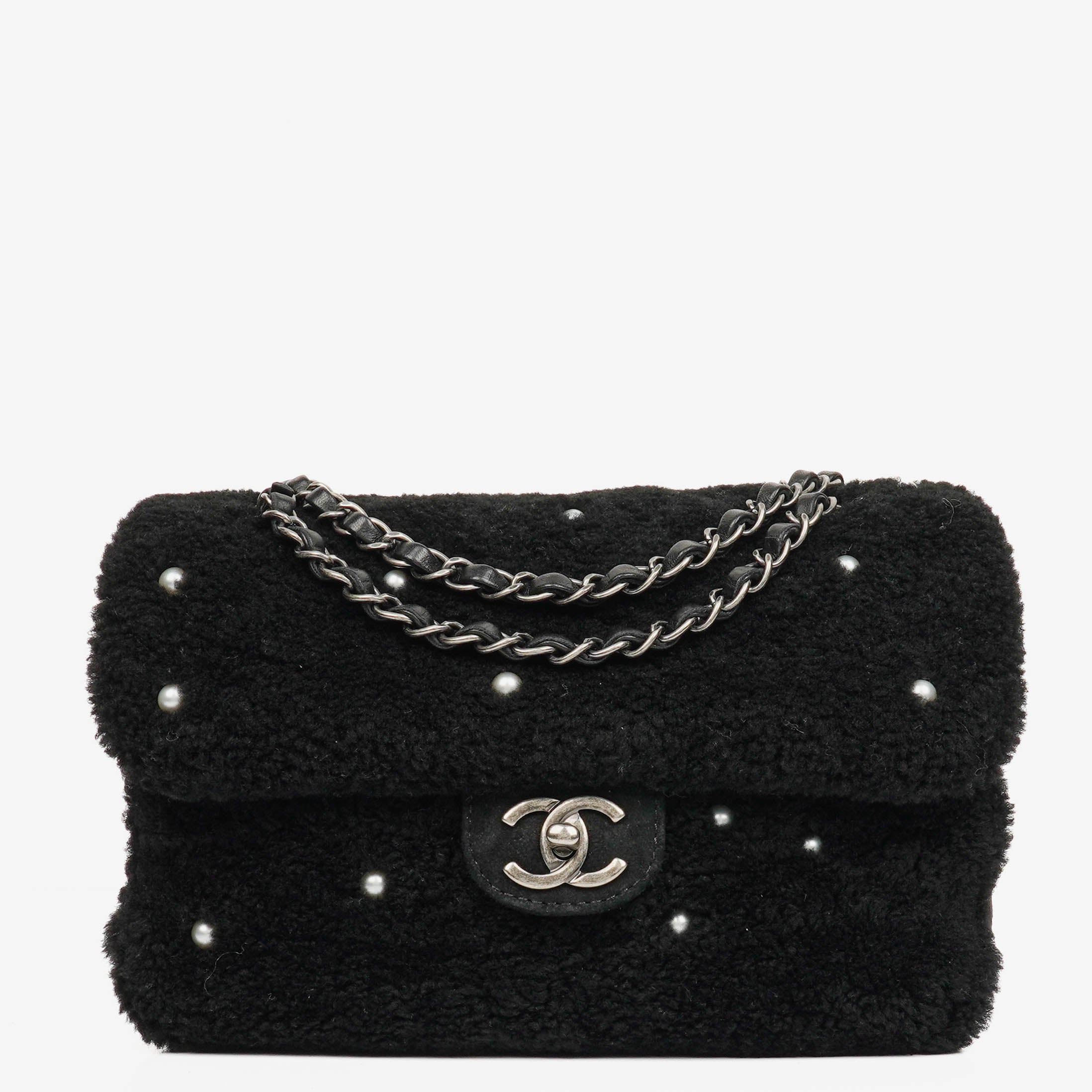 Chanel Medium Black Shearling Pearl Flap Bag