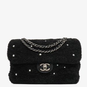Chanel Medium Black Shearling Pearl Flap Bag