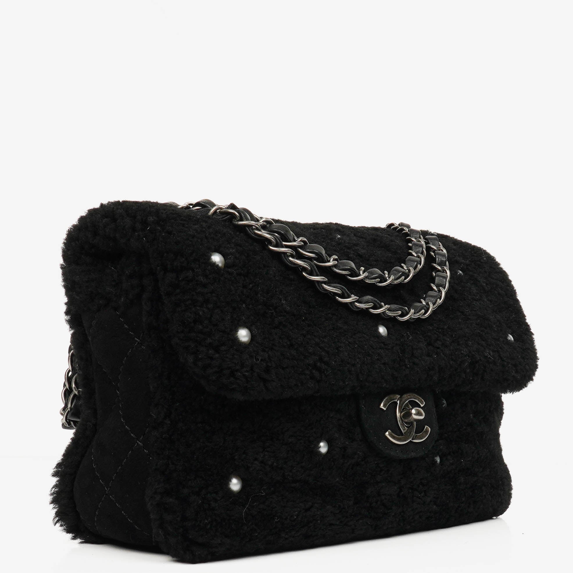 Chanel Medium Black Shearling Pearl Flap Bag