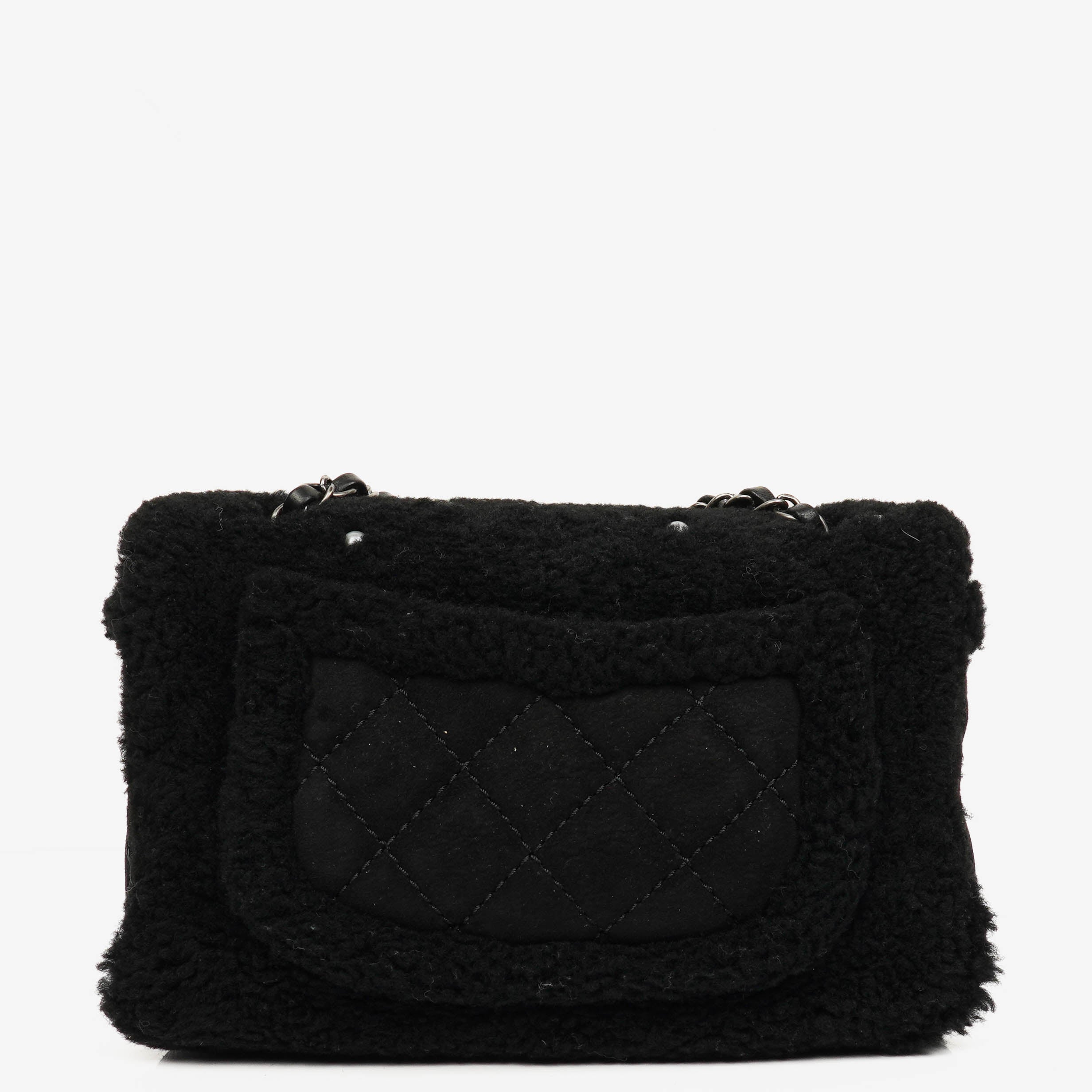 Chanel Medium Black Shearling Pearl Flap Bag