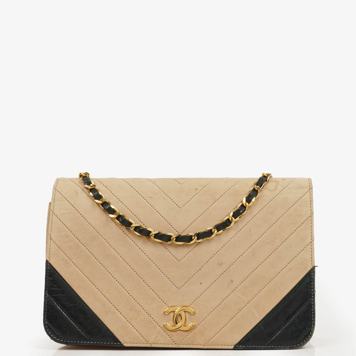 Chanel Classic Full Flap Bag Beige/Black Chevron Quilted Leather 24K Gold-Plated Hardware