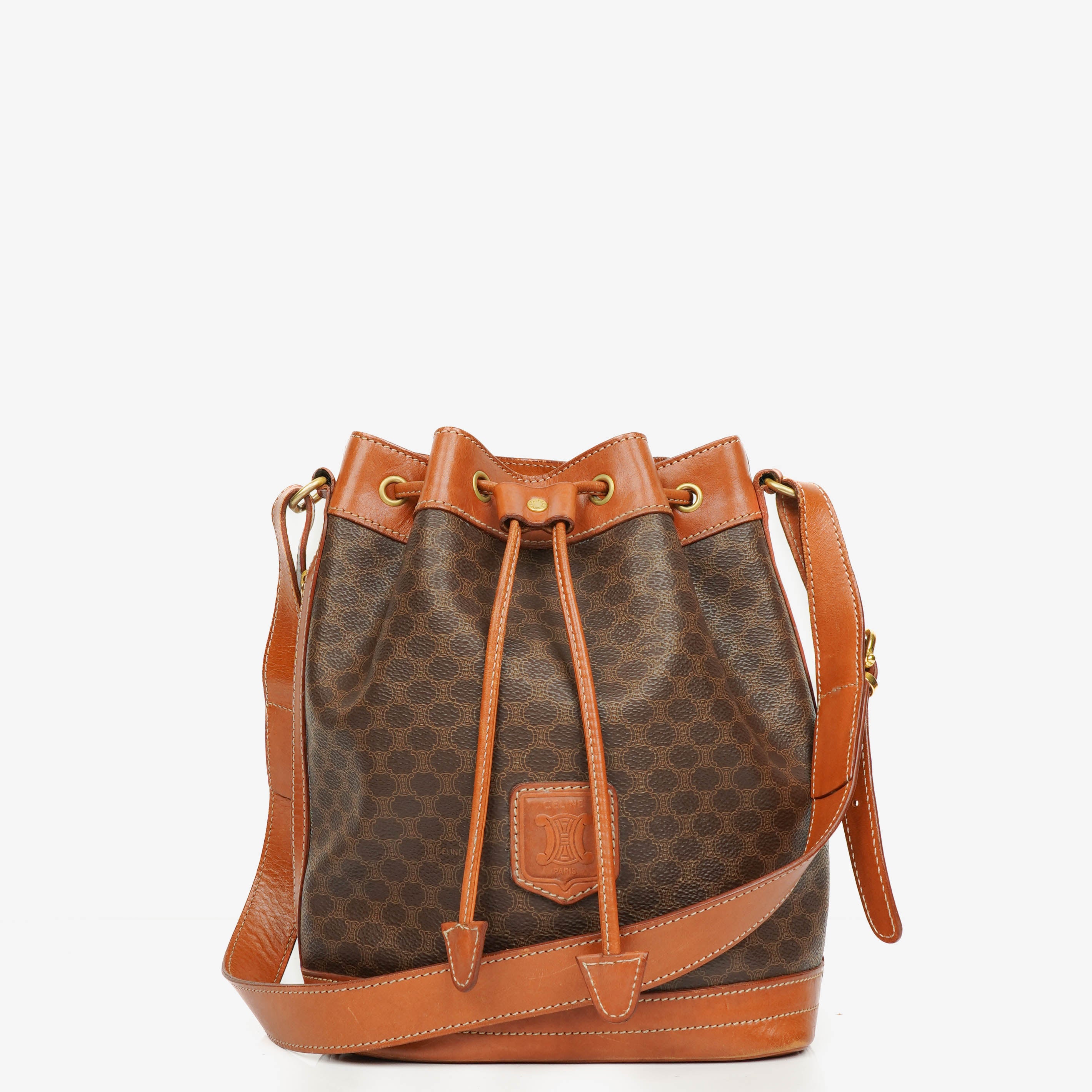 Celine Vintage Macadam Triomphe Brown Drawstring Bucket Bag