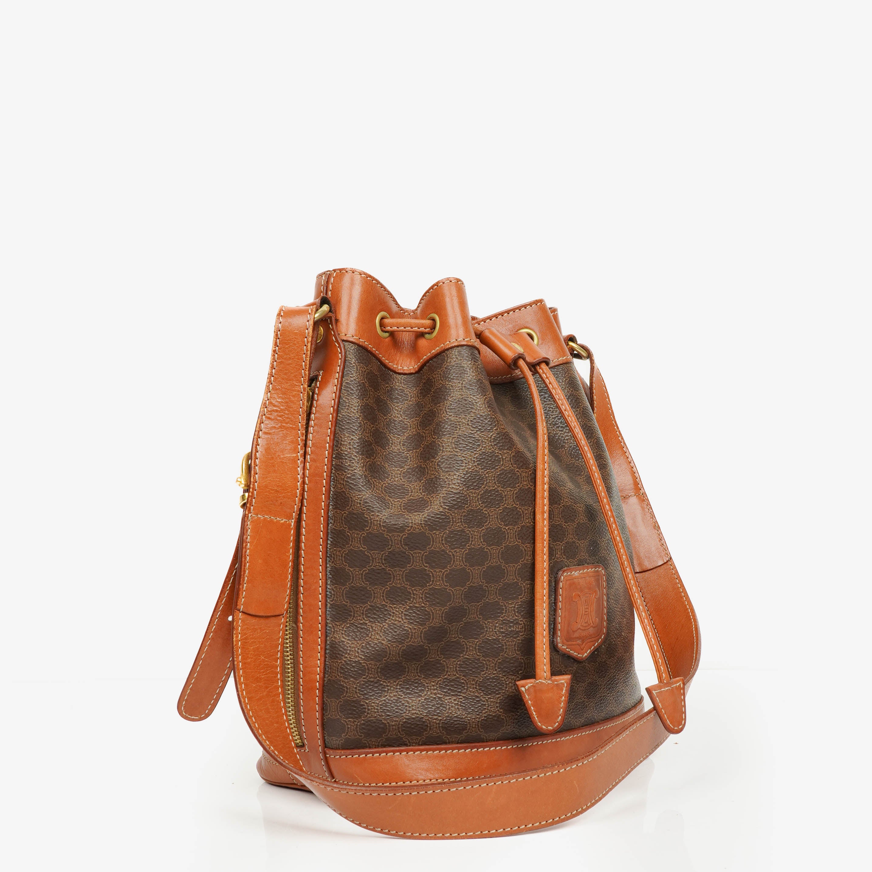 Celine Vintage Macadam Triomphe Brown Drawstring Bucket Bag