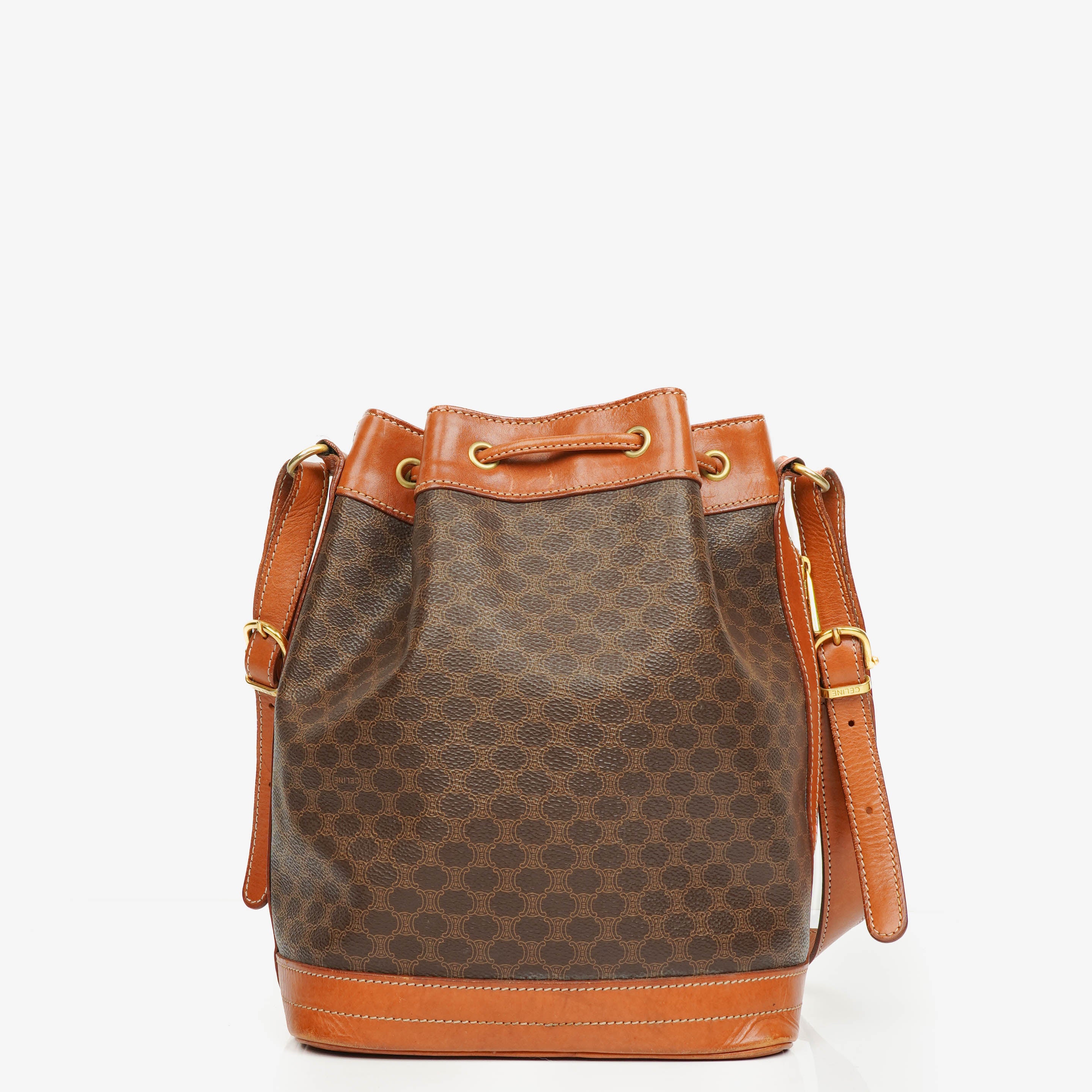Celine Vintage Macadam Triomphe Brown Drawstring Bucket Bag