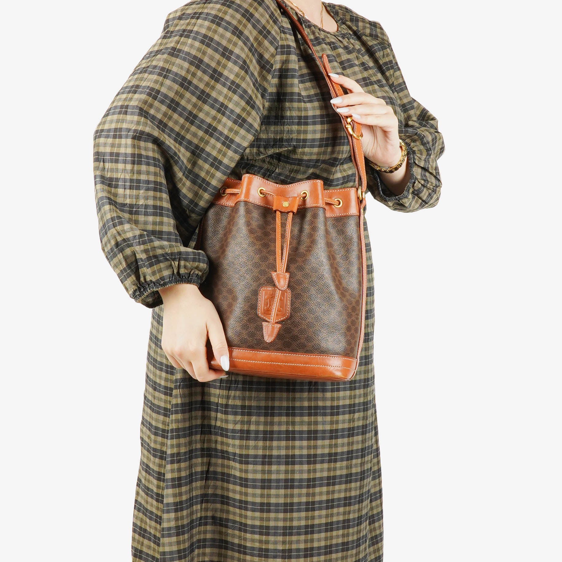 Celine Vintage Macadam Triomphe Brown Drawstring Bucket Bag