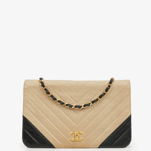 Chanel Classic Full Flap Bag Beige Chevron Quilted Leather 24K Gold-Plated Hardware