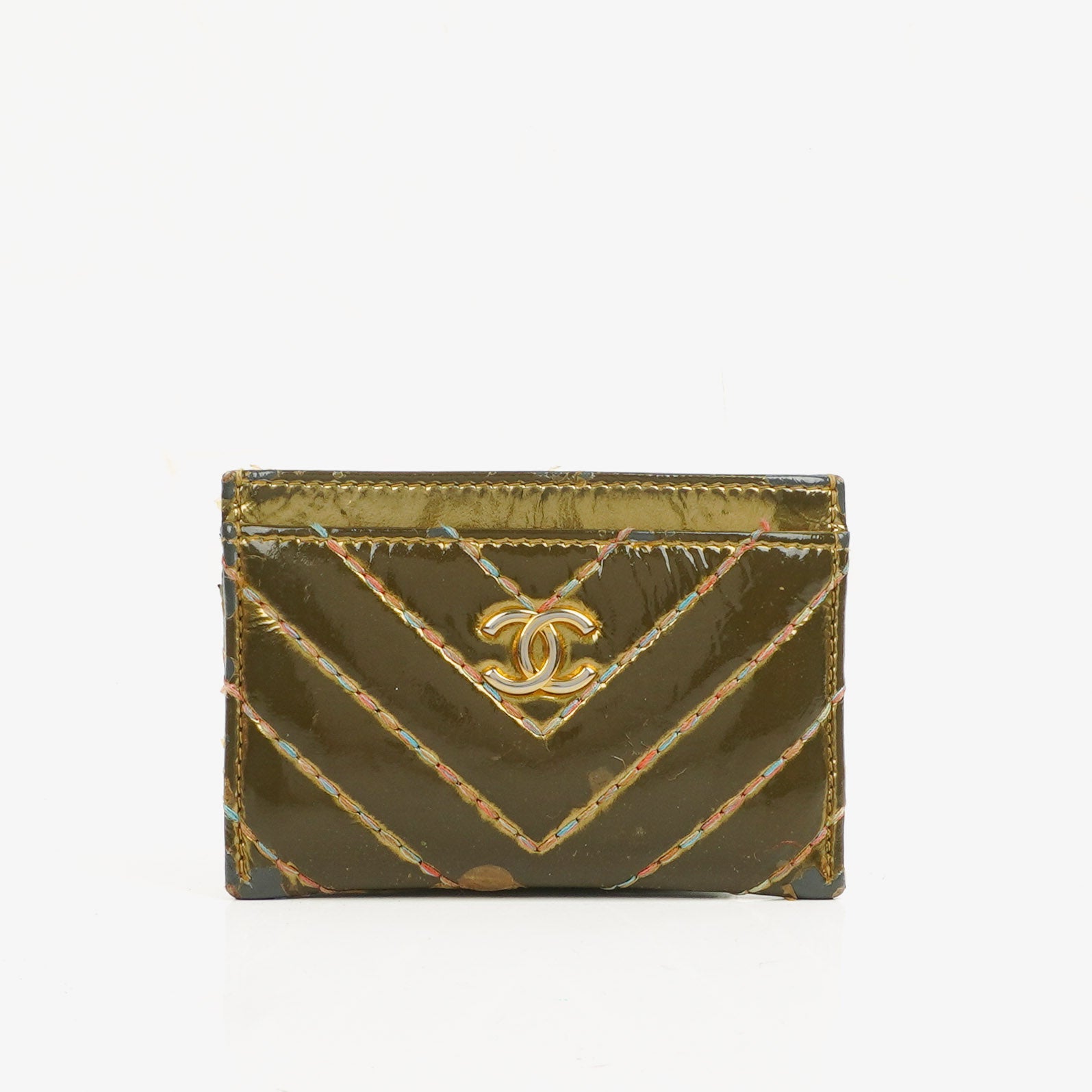 Chanel Metallic Gold Calfskin Chevron Quilted Card Holder