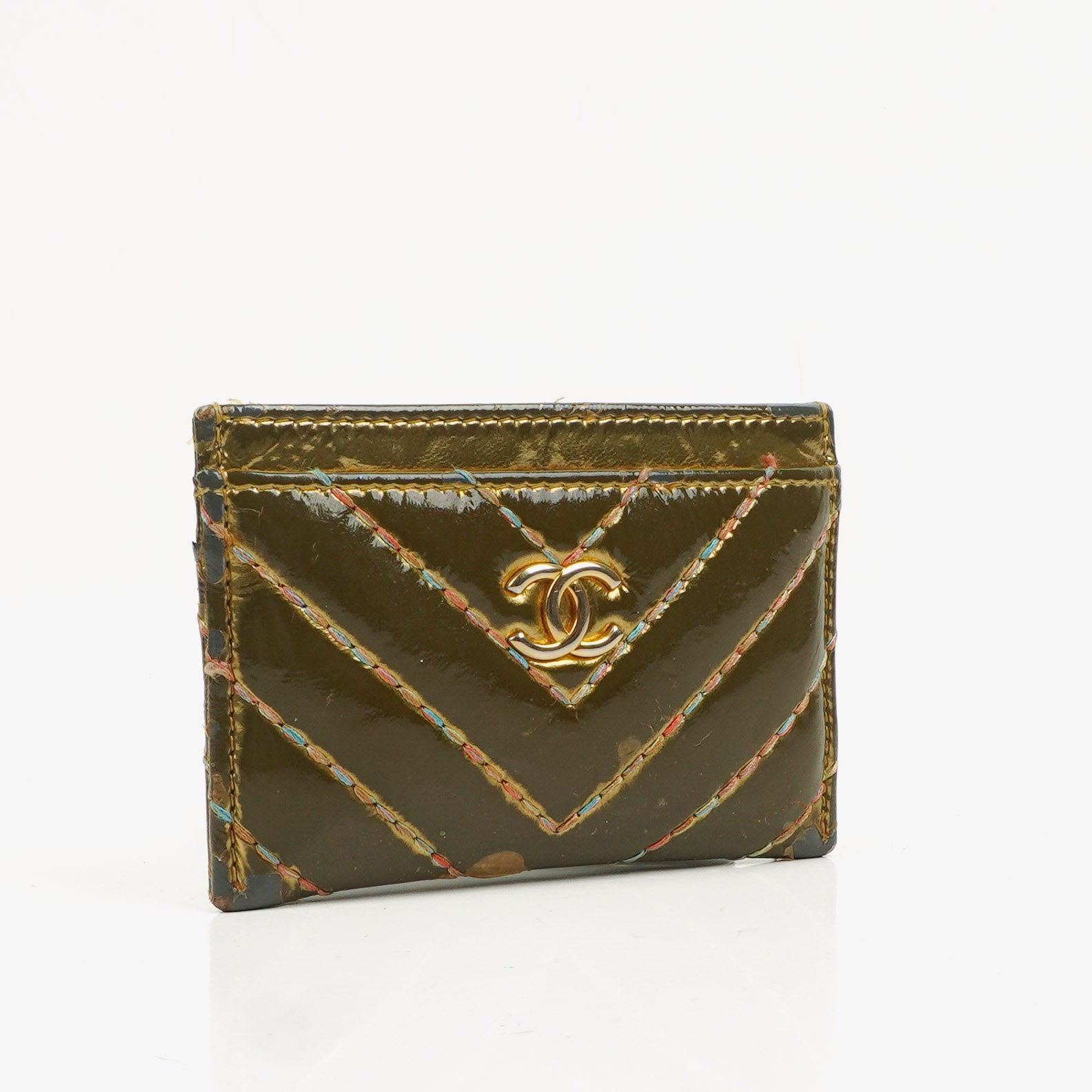 Chanel Metallic Gold Kalbsleder Chevron gesteppter Kartenhalter