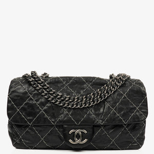 Chanel Black Quilted Glazed Calfskin Double Stitch Flap Bag