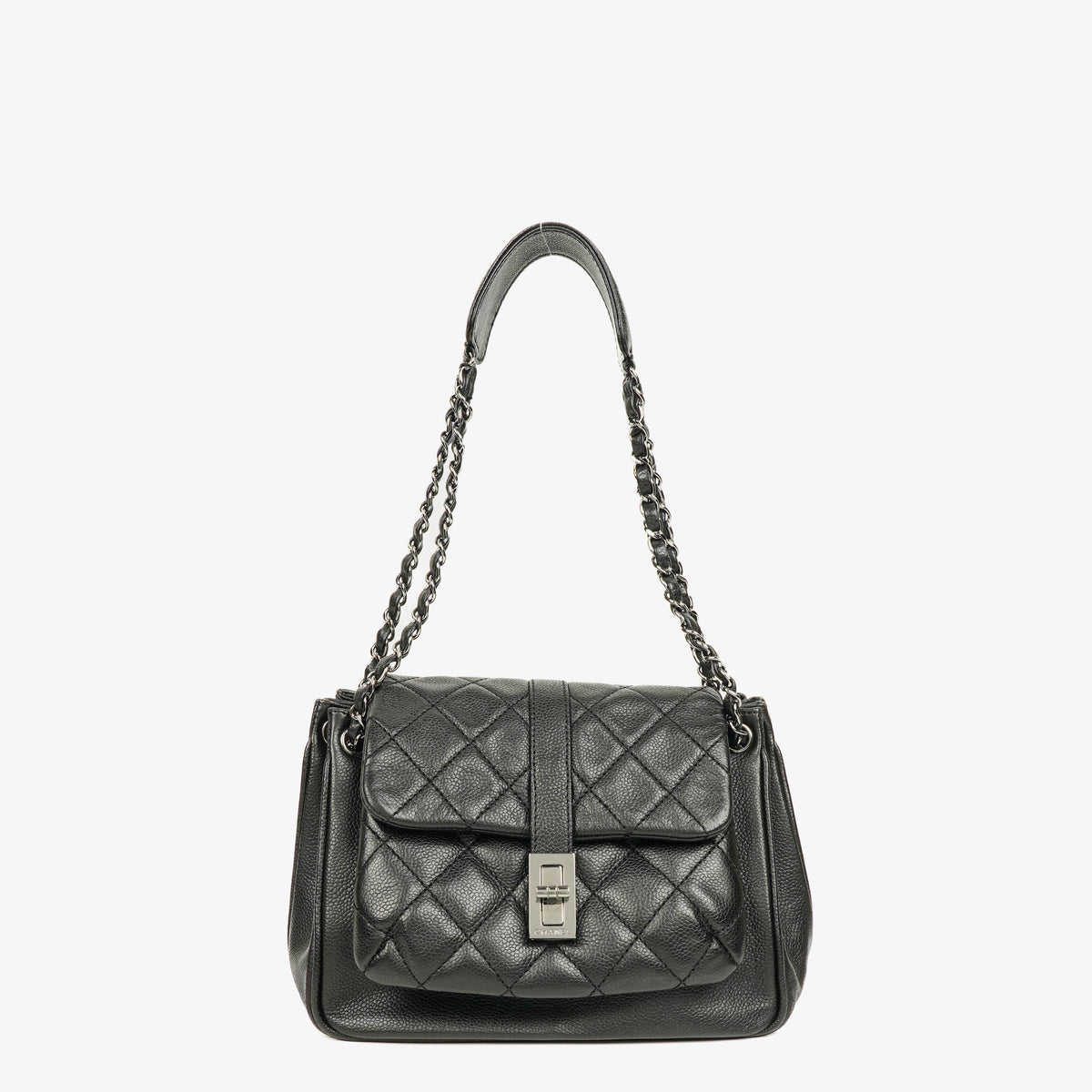 Chanel Accordion Vintage Mademoiselle Lock Flap Bag Black Quilted Caviar Shoulder Bag