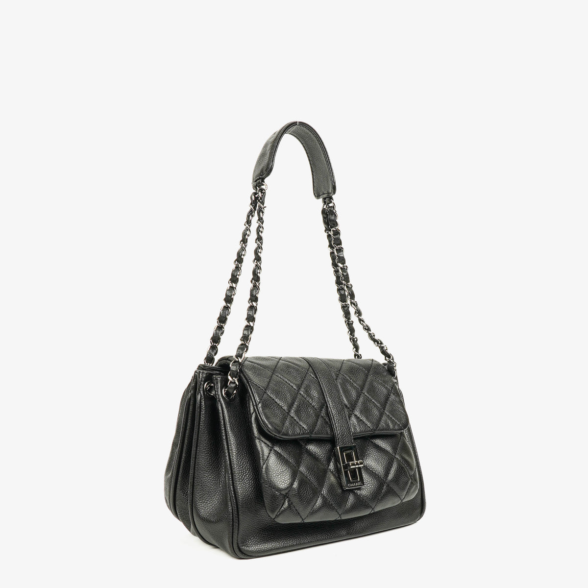 Chanel Accordion Vintage Mademoiselle Lock Flap Bag Black Quilted Caviar Shoulder Bag