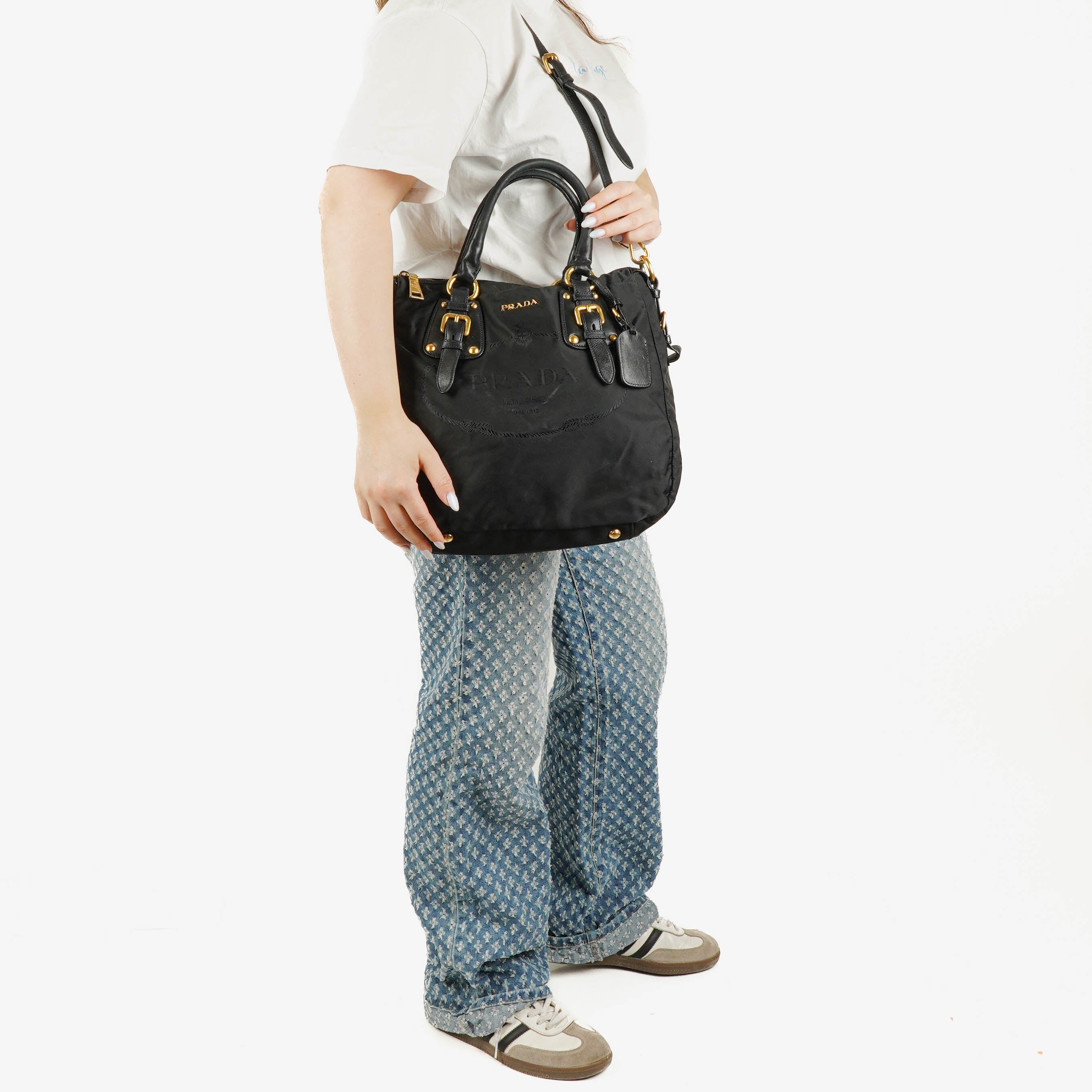Prada Nero Nylon Logo Jacquard Griff Tasche
