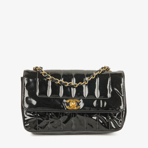 Chanel Vertical Quilted Black Patent Leather Single Flap Bag With 24K Gold-Plated Hardware