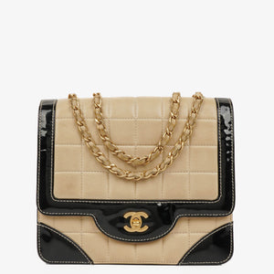Chanel Vintage Chocolate Bar Square Single Flap Beige Quilted Leather/Patent Leather Chain Shoulder Bag