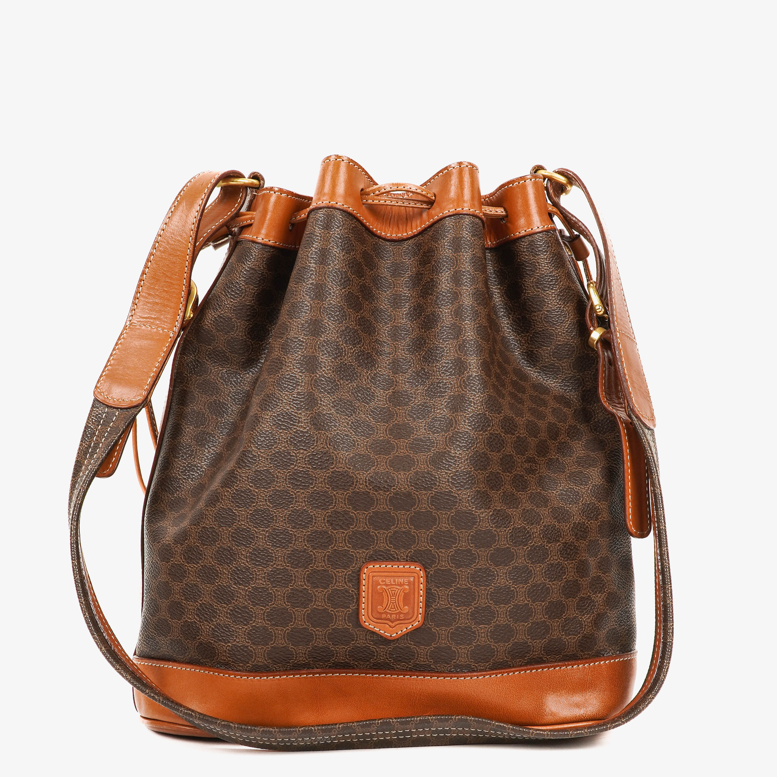 Celine Vintage Macadam Triomphe Brown Drawstring Bucket Bag