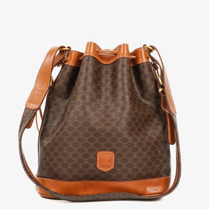 Celine Vintage Macadam Triomphe Brown Drawstring Bucket Bag