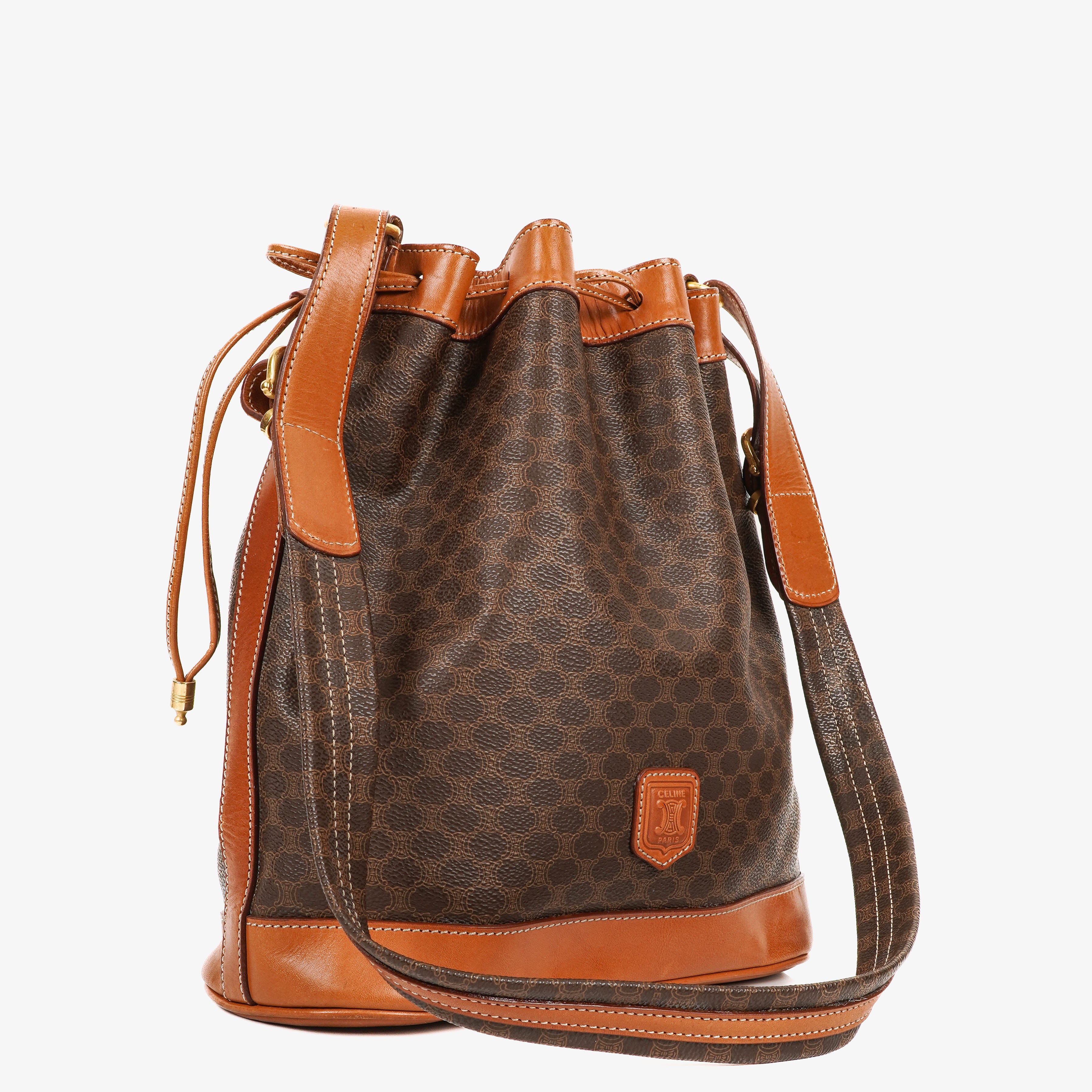 Celine Vintage Macadam Triomphe Brown Drawstring Bucket Bag