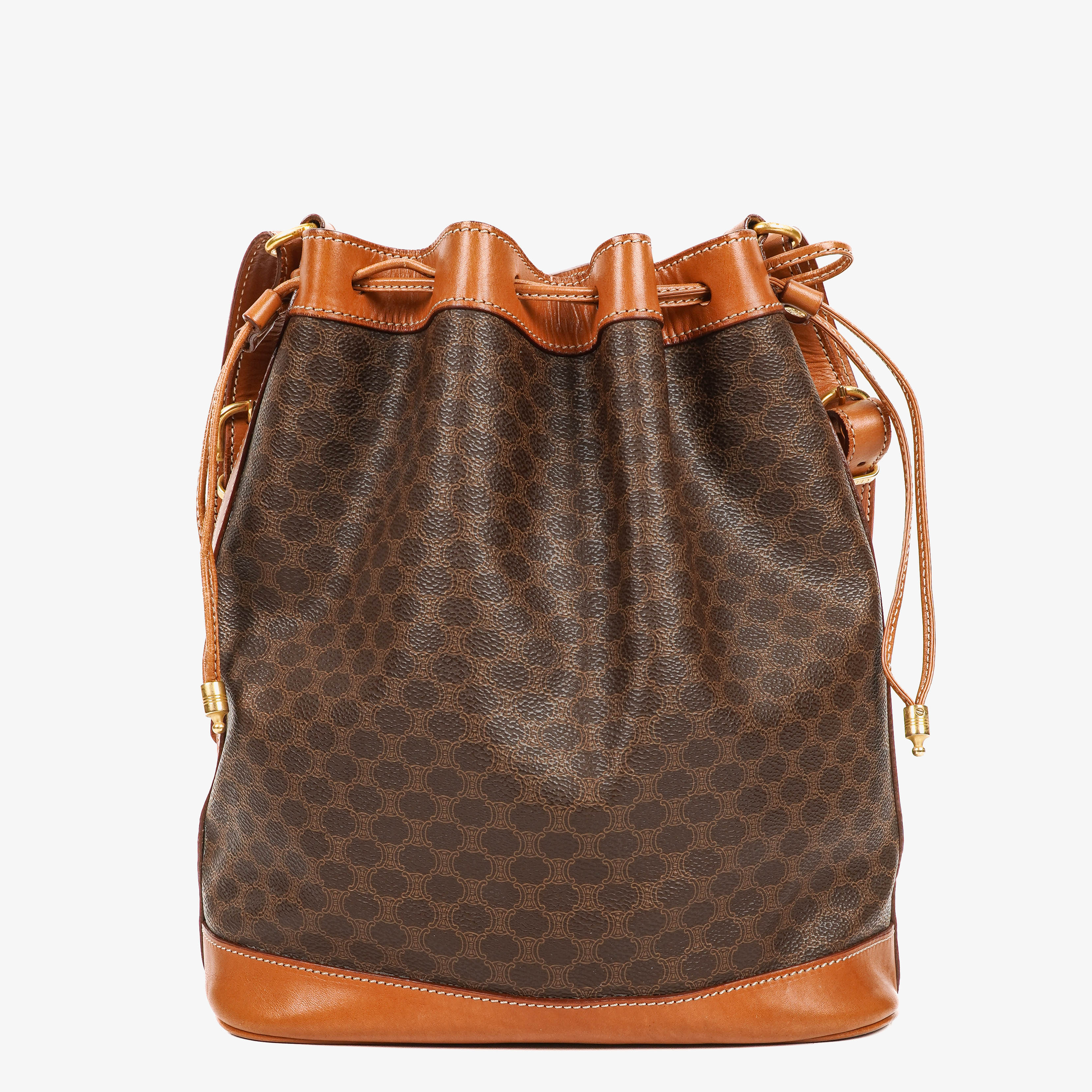Celine Vintage Macadam Triomphe Brown Drawstring Bucket Bag