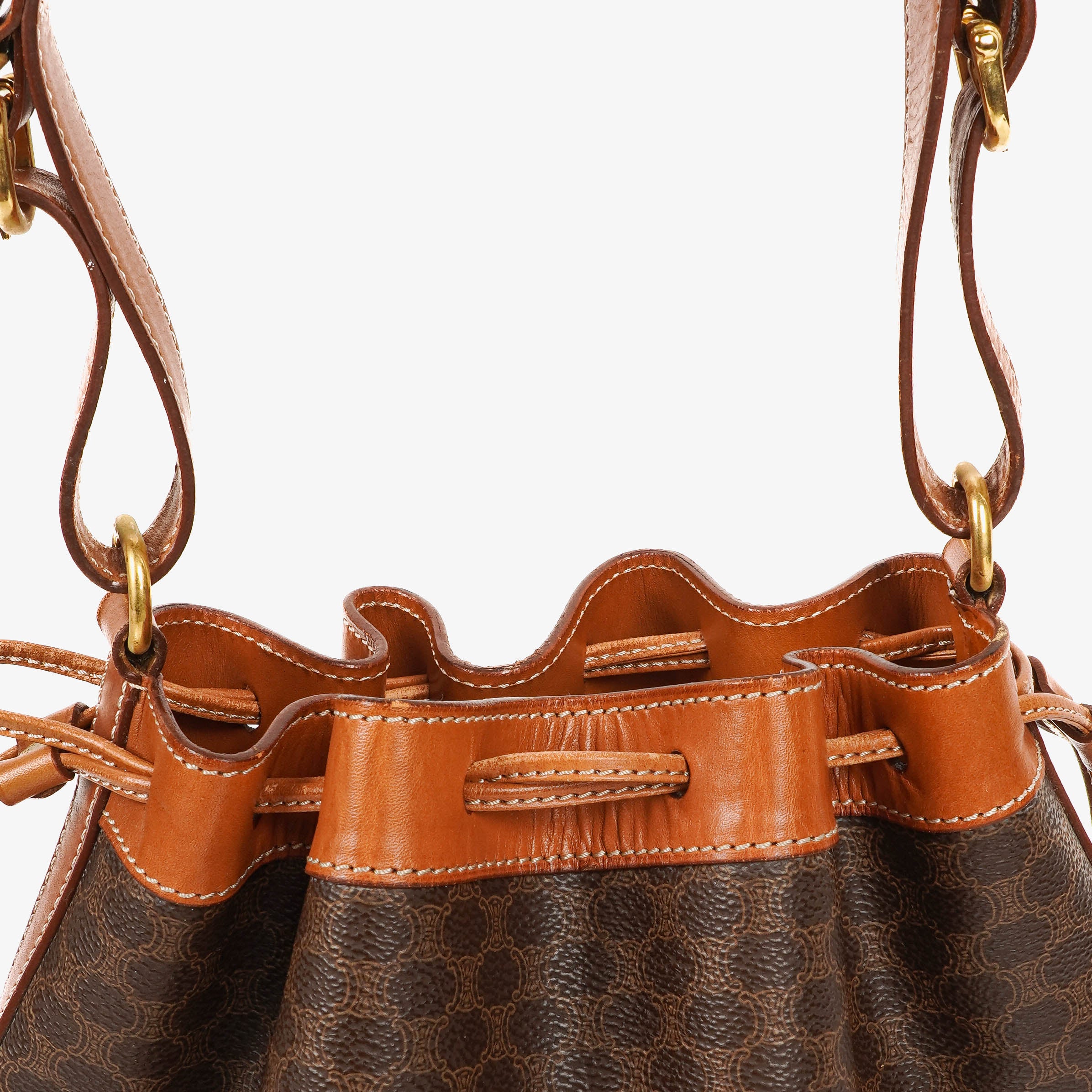 Celine Vintage Macadam Triomphe Brown Drawstring Bucket Bag